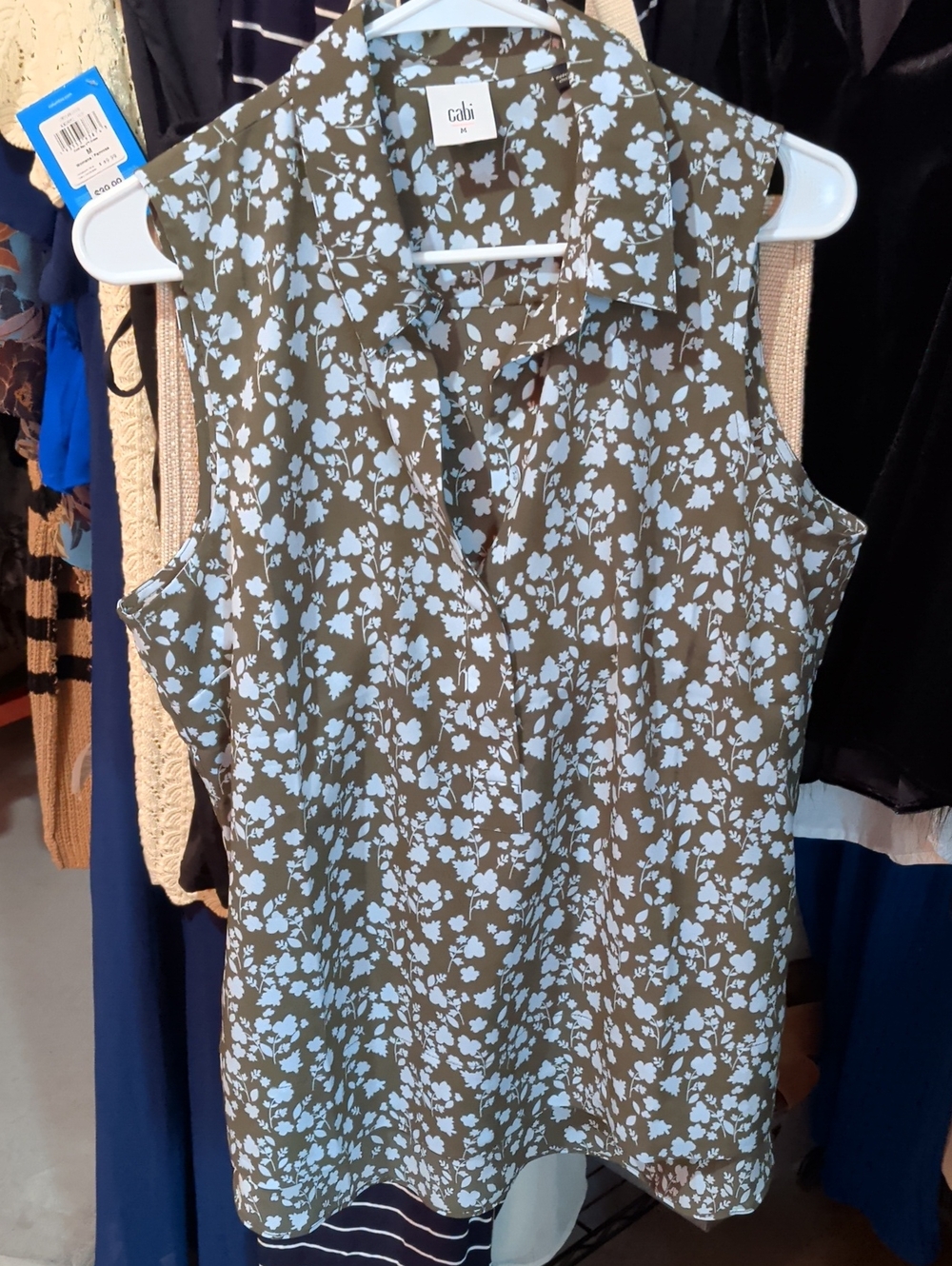 CAbi Olive Green Sleeveless Camisole with Light Blue Floral Print